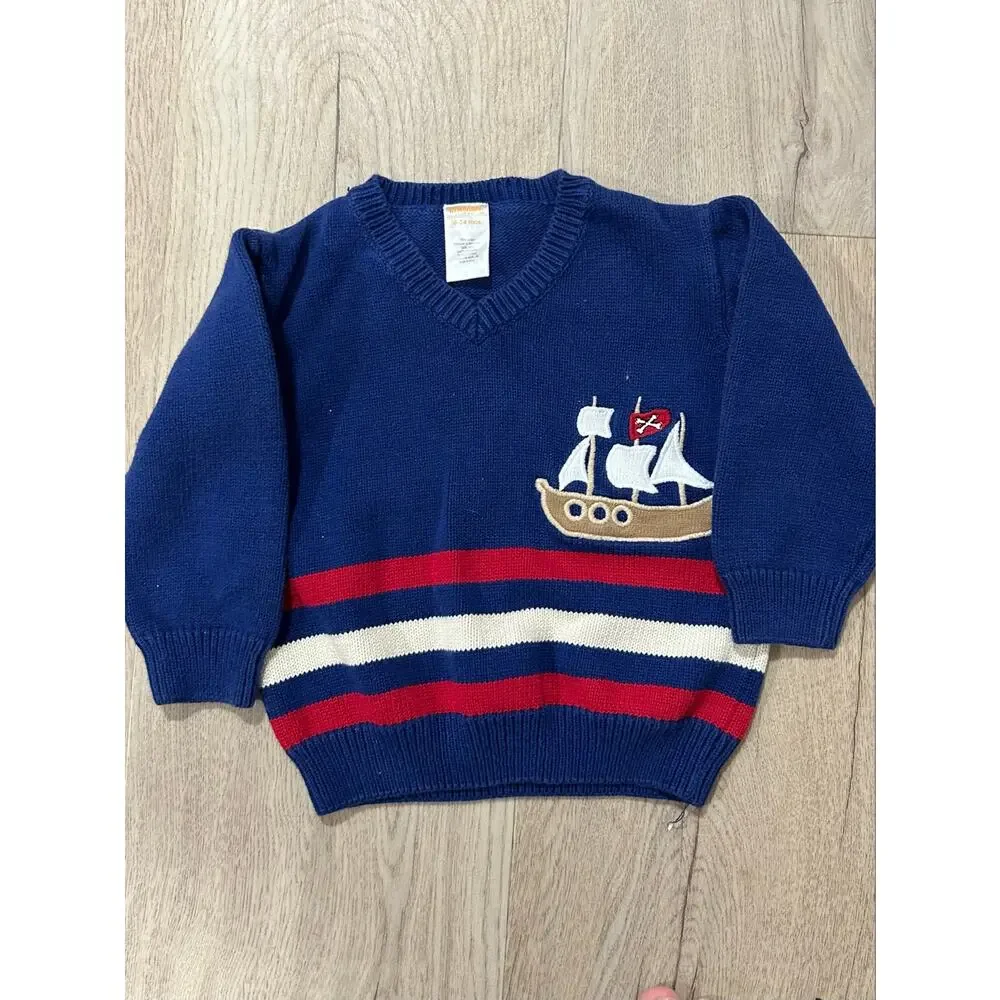 Gymboree Boys 18-24 Months Navy Pirate Ship V-Neck Sweater 100% Cotton Nautical